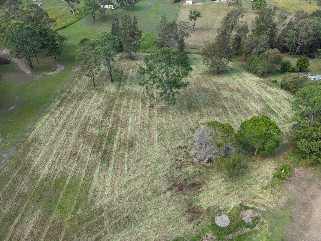 Aerial view of a grassy field with rows of mown grass, scattered trees, and patches of green. Surrounding the field are more trees and open grassy areas, with a few buildings visible in the background.