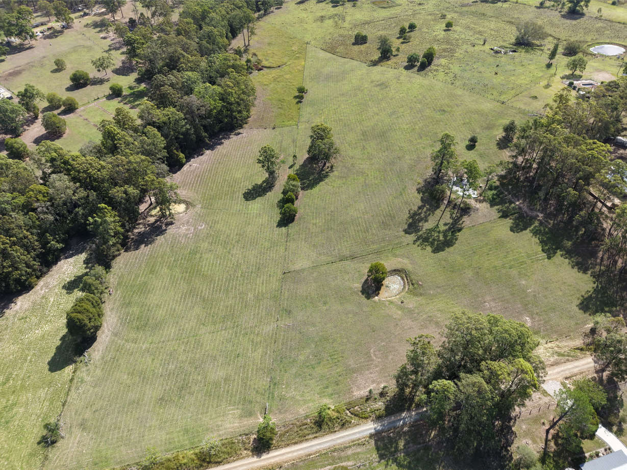 Aerial view of a green rural landscape with scattered trees, grassy fields, and a dirt track running along the bottom edge. Patches of woodland and small ponds are visible throughout the scene.